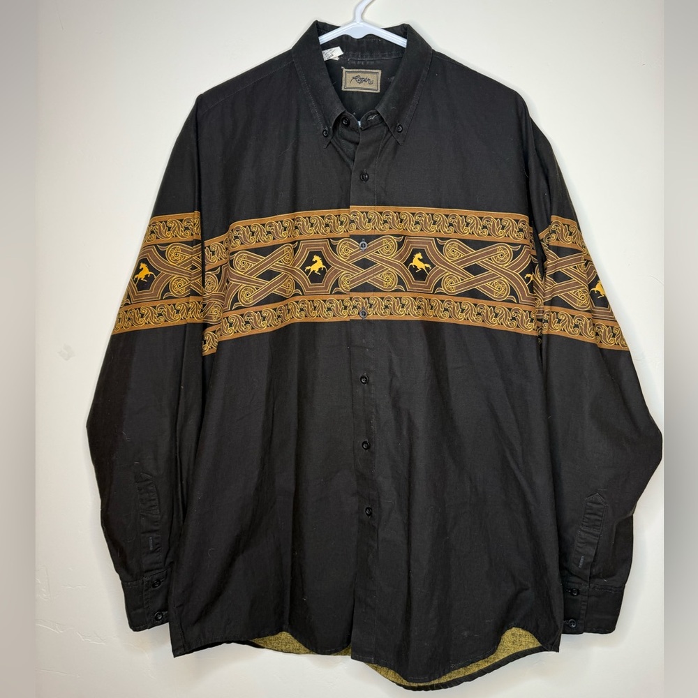 VINTAGE ROPER Western Button-Down Shirt with Gold Baroque Horse Print - Sz L‎